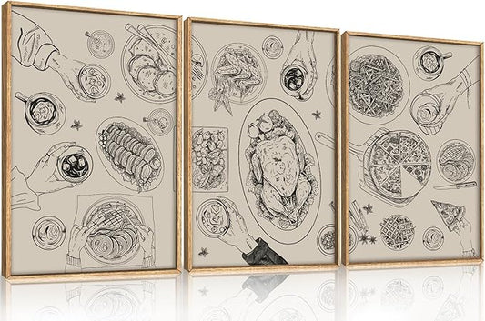 HPINUB Vintage Food and Drink Framed Canvas Wall Art Set,Sketch Pizza Cheers Wall Decor,Thanksgiving Dinner Turkey Artwork,Black and white Art Prints for Kitchen,Dining Room,Gatherings Decor-16"x24"x3