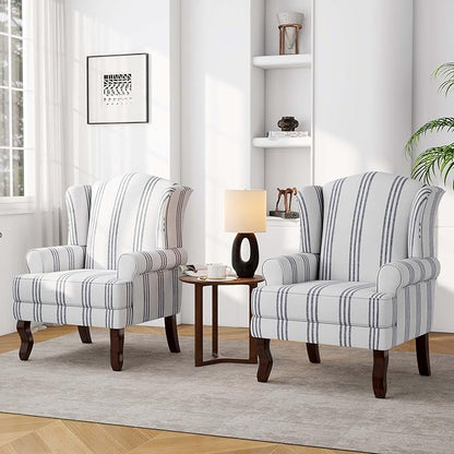 Accent Chair, High Back Upholstered Armchair with High Resilience Sponge & Wood Legs, Mid-Century Modern Comfy Single Sofa Reading Chairs for Living Room, Bedroom (Stripe Navy, Set of 1)