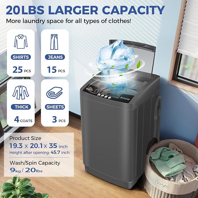 Nictemaw Portable Washing Machine, 20Lbs Capacity Full-Automatic Portable Washer Machine, 2.8Cu.ft Washer and Dryer Combo with with Drain Pump, 10 Programs 8 Water Levels for Apartment, Dorms, RV