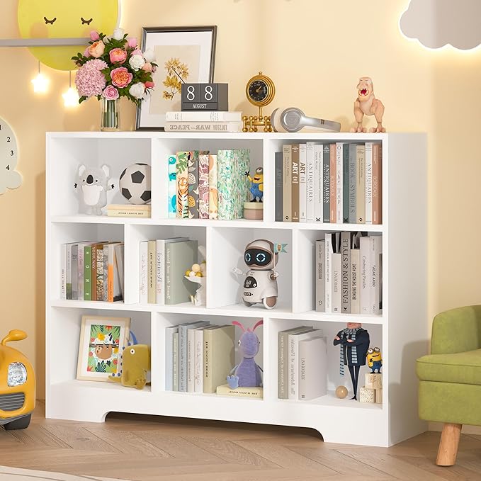 Book Shelf Set of 2, 10 Cubes Storage Organizer, 3-Tier Open Shelf Wooden Bookcase, Freestanding White Bookshelf Cube Shelf for Bedroom, Living Room, Home Office