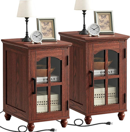 Narrow Side Table Set of 2,Farmhouse Nightstand with Charging Station,End Table with Glass Barn Door Storage, Cabinet Organizer with Adjustable Shelf, Night Stand for Small Spaces Living Room Bedroom