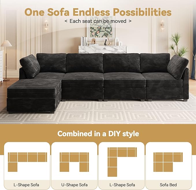 Modular Sectional Sofa with Chaise U Shaped Sectional Couch for Living Room, 5-Seater Comfy Cloud Couches, Plush Corduroy, Black