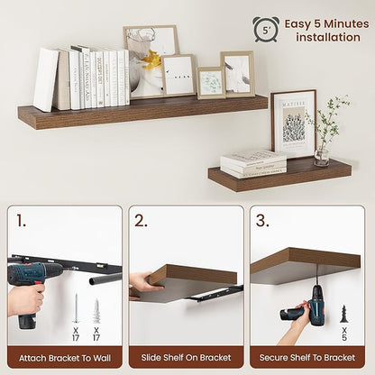 Wide Floating Shelves for Wall 12 Inch Deep, 24" X 12" X 2" Floating Shelf, 2 Inch Thick Shelf for Bathroom Bedroom Kitchen Book Room, Heavy Duty 55lbs Shelves for Farmhouse Decor Set of 2, Walnut
