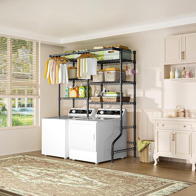 Ulif U13 Over Washer and Dryer Storage Shelves, 6 Tiers Laundry Room Standing Shelf with 2 Hanger Rods, Space Saver Clothes Drying Rack, 63.4" W x 22" D x 77.4" H, Black