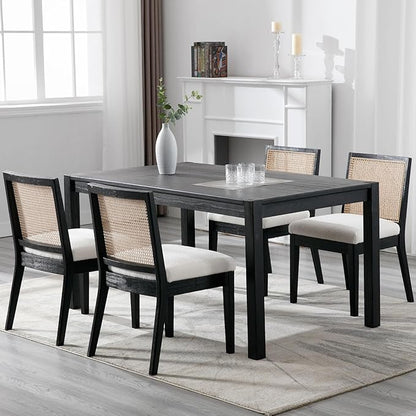 VESCASA Upholstered Dining Chairs with Square Rattan Back, Armless Padded Sherpa Fleece Cushion Dining Chairs with Wood Legs for Dining Room, Kitchen, Set of 6, Black Frame