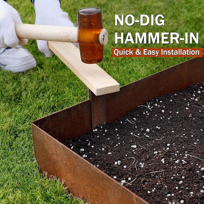 Worth Garden 6 Pack Cor-Ten Steel Landscape Edging w/Rust Patina Finish - 40" L x 8" H Strips - Hammer-in 14-Gauge Metal Corten Edging Border w/ 7 Clips & Gloves - Edge for Lawn Yard (20Ft Total)