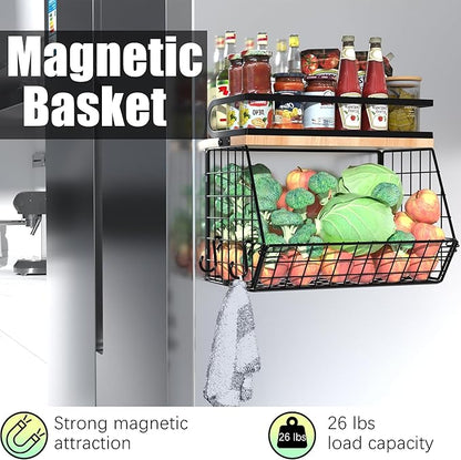 Magnetic Spice Rack for Refrigerator, Fruit, Potato & Onion Storage Bin,Large Capacity Magnetic Shelves for Side of Refrigerator, Kitchen Organizers and Storage Countertop,1 Pack Black