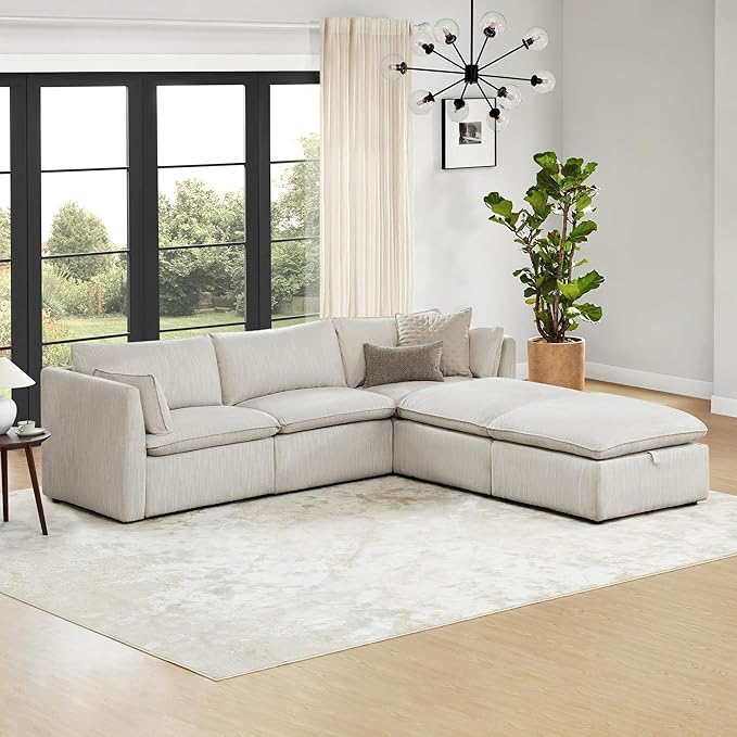 CHITA Sectional Modular Down Filled L Shape Sofa, Comfty Feather L Shape Cloud Couch,FSC Certified L Shaped Couch for Living Room, 114 inch Width,5 Seat with 2 Storage Ottomans, Snow