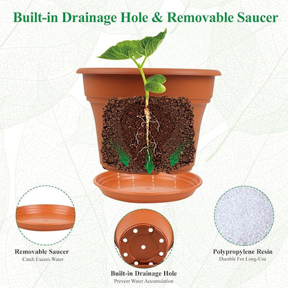 13 Inch Plastic-Flower-Pot-for-Indoor-Plants, 4 Pack Large Outdoor Planter Pot with Drainage Holes & Saucers, Resin Decorative Garden Pots Planters