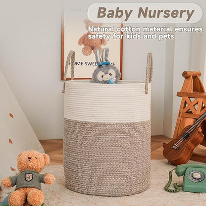 Large Woven Laundry Basket Hamper,100L Cotton Rope Storage Bin for Blankets,Toys and Clothes,Decorative Tall Nursery Hamper for Living Room,Baby Nursery,Bathroom and Bedroom,Brown