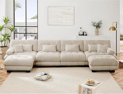 U Shaped Couch Sectional Couch, 4-Seater Cloud Couch Sectional Oversized Couch, Sofa Bed Couch with Round Bolster Armrests 6 Pillows, Modular Couch Home Sofa Living Room Couch