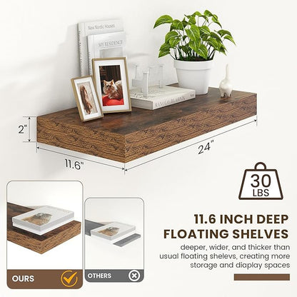 Deep Floating Shelves for Wall | 24 Inch Wide x 12 Inch Deep Floating Shelves | 24W x 12D Rustic Wood Wide Wall Shelves | Bookshelf Laundry Shelf TV Shelf
