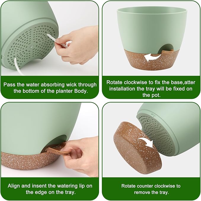 Plant Pots 10/9/8 Inch Self Watering Pots, Set of 3 Plastic Planters with Drainage Holes and Saucers,Plastic Flower Pots,Nursery Planting Pot for Indoor Out Door Plants（Green）