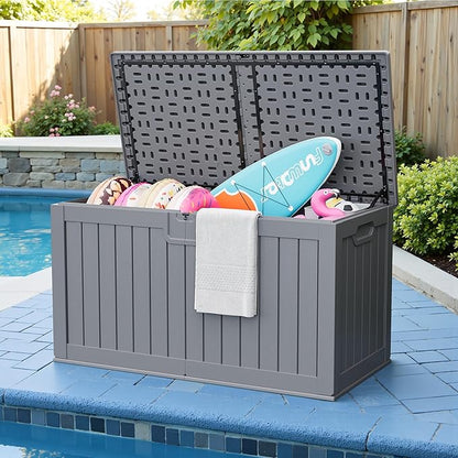 JUMMICO 250 Gallon Outdoor Resin Deck Box with Divider, Waterproof Storage Box with Lockable Lid&Side Handles for Garden Tools, Pools Supplies (Gray)