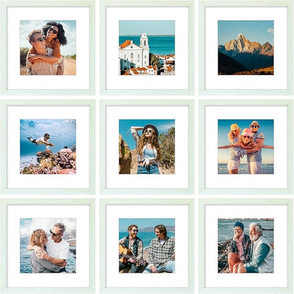 Vittanly 12x12 Picture Frames Set of 9, Shatter Resistant Plexiglass, Display 8x8 Pictures with Mat or 12x12 without Mat, Photo Frames for Wall Mount, Engineered Wood, Vintage Green