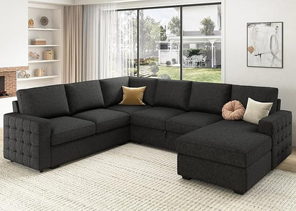 HONBAY Sectional Couch with Pull Out Bed, Sectional Sleeper Sofa with Storage, U Shape Couches for Living Room, Dark Grey