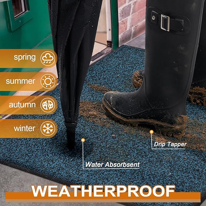 Mibao Front Door Mat, Dirt Trapper Welcome Mat for Outdoor Indoor, Non-Slip Waterproof Doormat, Durable Machine Washable Low Profile Entry Rug for Back Door Outside Patio Porch, 36" x 24", Blue