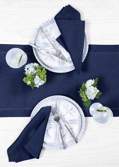 Solino Home Linen Navy Table Runner 120 Inches Long - 100% Pure Linen Hemstitch 14 x 120 Inch Table Runner for Dining, Fall, Autumn, Thanksgiving - Classic Hemstitch
