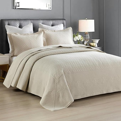 MarCielo 3-Piece 100% Cotton Oversized Bedspread Lightweight Quilt Coverlet Embroidery Farmhouse Bedding Set (TM Khaki Beige, Oversized King (118"x106"))