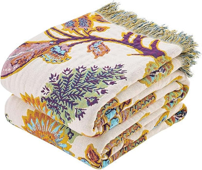 Boho Throw Blanket for Bed, 100% Cotton Soft Rustic Quilt Fall Blanket, 80"x90" Floral Printed Farmhouse Decor Bed Blankets, All Season Rustic Reversible Bohemian Throw Quilt