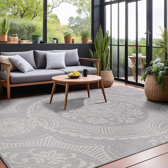 Medallion Outdoor Rug 6x9 Washable Outside Carpet for Indoor Patio Porch Waterproof Easy Cleaning Non Shedding Area Rugs Gray 6 x 9