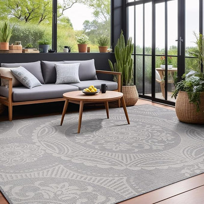 Medallion Outdoor Rug 6x9 Washable Outside Carpet for Indoor Patio Porch Waterproof Easy Cleaning Non Shedding Area Rugs Gray 6 x 9