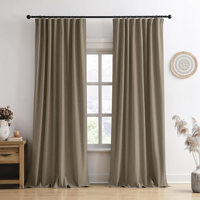 RAIN CITY Linen Brown Extra Long Blackout Curtains 108 Inch Long 9ft, Back Tab Pleated Look Linen Blended Textured Curtains with Hooks for Living Room Track System(W50xL108 in Length,Linen)