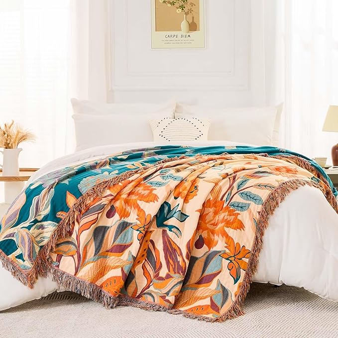 Boho Throw Blanket for Bed, 100% Cotton Soft Rustic Quilt Fall Blanket, 80" 90" Floral Printed Farmhouse Decor Bed Blankets, All Season Rustic Reversible Bohemian Throw Quilt