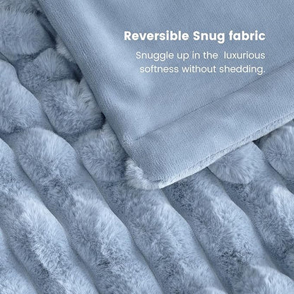 Cozy Bliss Faux Fur Throw Blanket for Couch, Cozy Warm Plush Striped Blanket for Sofa Bedroom Living Room,60 * 80 Inches Light Blue