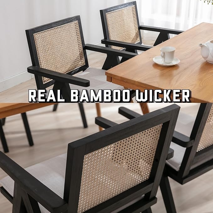 Rattan Dining Chairs Set of 4, Farmhouse Wicker Dining Chairs with Removable Linen Cushion Accent Cane Armchair for Dining Room Kitchen Restaurant, Black