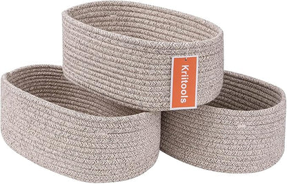 Cute Shelf Basket to Store and Organize Household Items/Baskets&Bins for Daily Storage &Organizing/Woven Rope Basket for Living Room, Playroom/Small Oval-13x8.66x5.11’’,3 Packs Light Brown