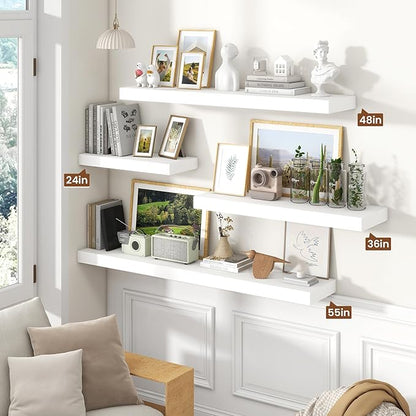 Heimlove 36 Inch White Floating Shelves for Wall,10 Inch Deep Wood Shelves with Invisible Brackets,Wall Mounted Storage & Display Shelves for Bedroom,Living Room,Kitchen,Office