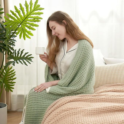 Snuggle Sac Sage Green Waffle Bedding Blankets Queen Size 90x90 inches, Reversible Microfiber Fluffy Fuzzy Soft Throw Cozy Knit Blanket for Women Mothers Birthday Gifts