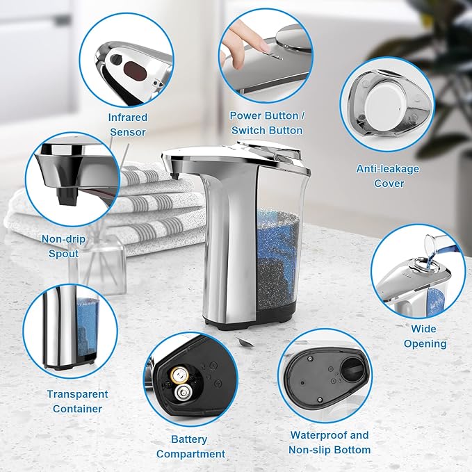 Automatic Soap Dispenser, Touchless Dish Soap Dispenser 17oz/500ml with Infrared Sensor, 5 Adjustable Soap Levels, Liquid Dispenser for Bathroom Kitchen (Silver)