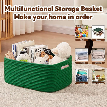OIAHOMY Storage Basket for Shelves, Closet Cube Storage Bins Baskets for Clothes Blanket Towels, Baby Nursery, Toy Baskets Box, Woven Rope Basket, 15.75*11.81*7.09 IN, 2 Packs Green