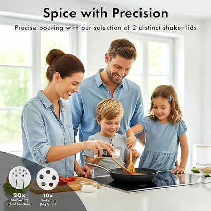 Glass Spice Jars with Label and Stainless Steel Lids (24 x 4oz) Spice Containers with 240 Labels, Shaker Inserts, Steel Funnel, Empty Square Empty Square Seasoning Organizer (Black)
