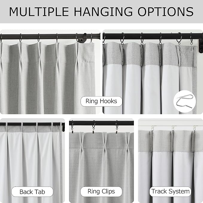 Vision Home Light Gray Pinch Pleated Full Blackout Curtains Linen Blended 60" Wide Thermal Insulated Window Panels 95 inch for Bedroom Living Room Darkening Pleat Drapes with Hooks Back Tab 60"Wx95Lx1