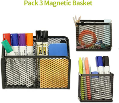 Neudeco Locker Shelf Organizer, Magnetic Pencil Holder, Metal Storage Basket for Whiteboard, Refrigerator, Ideal Cabinet for School, Black (Pack 3L)