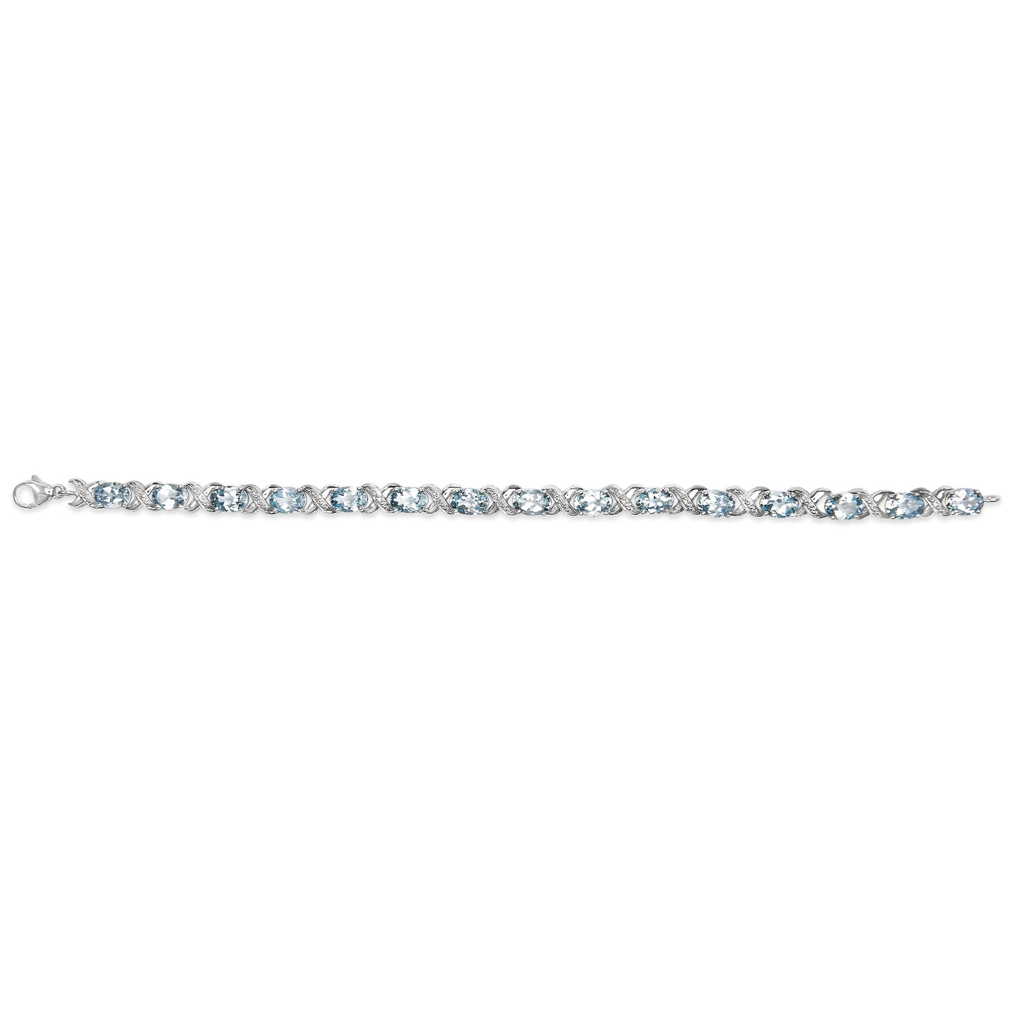 .925 Sterling Silver 16.0 Cttw Oval Blue Topaz and Diamond Accent Tennis X Link Bracelet (I-J Color, I1-I2 Clarity) - Size 7" Inch