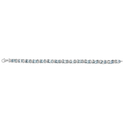 .925 Sterling Silver 16.0 Cttw Oval Blue Topaz and Diamond Accent Tennis X Link Bracelet (I-J Color, I1-I2 Clarity) - Size 7" Inch