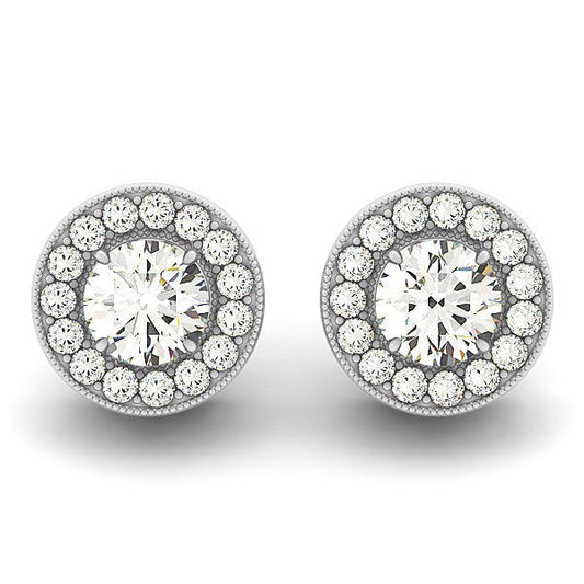 Boucles d'oreilles en or blanc 14 carats, diamant rond, halo, bordure milgrain (poids total en carats 0,75)