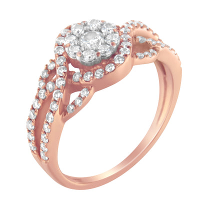10K Rose Gold 3/4 Cttw Diamond Floral Cluster Head and Twisted Shank Cocktail  Ring (H-I Color, SI1-SI2 Clarity)- Size 7