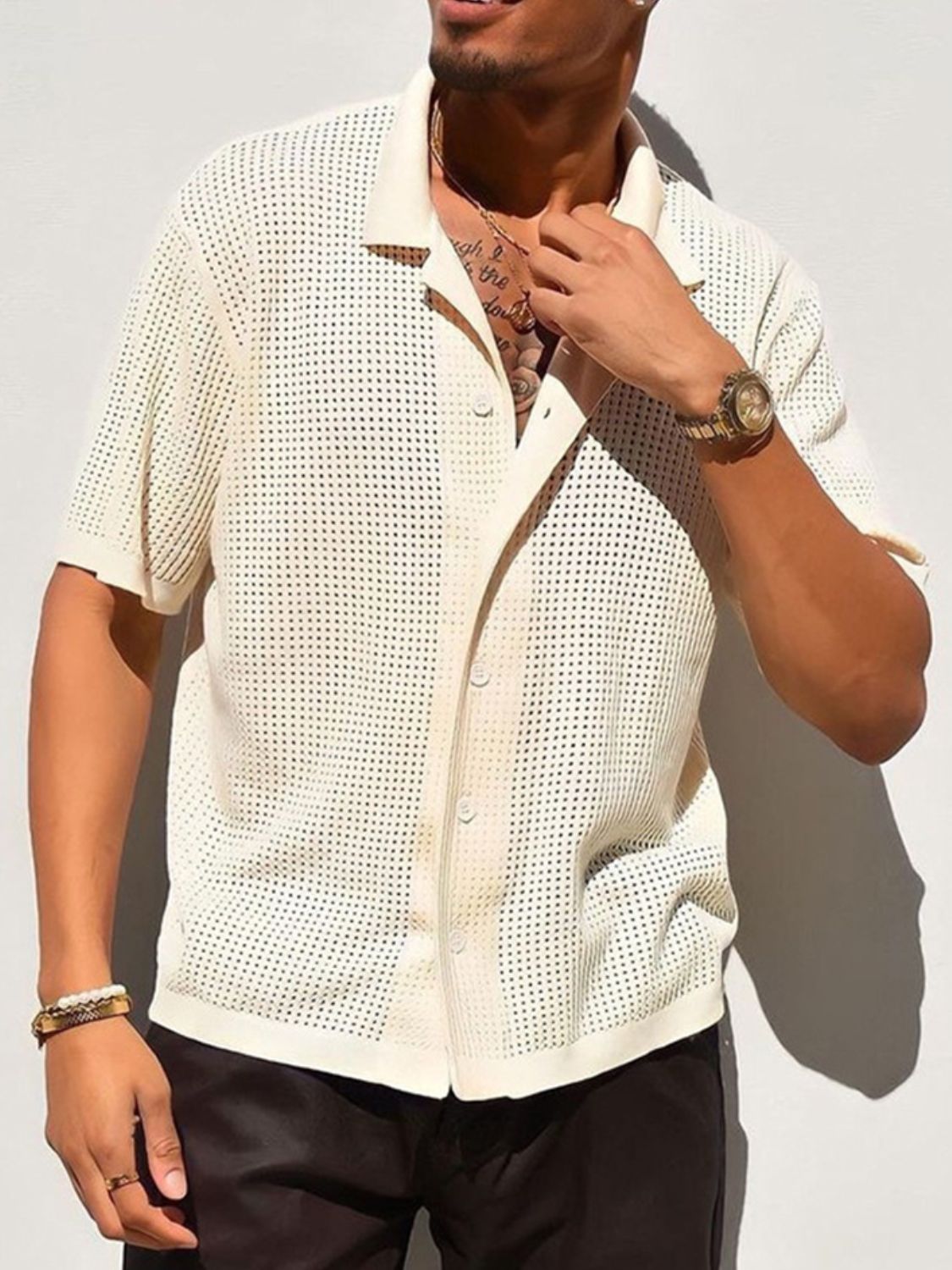 Men's Full Size Openwork Button Down Collared Neck Shirt Plus Size
