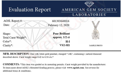 AGS Certified 14K White Gold 1/2 Cttw Diamond Pear 18" Pendant Necklace (H-I Color, VS2-SI1 Clarity)