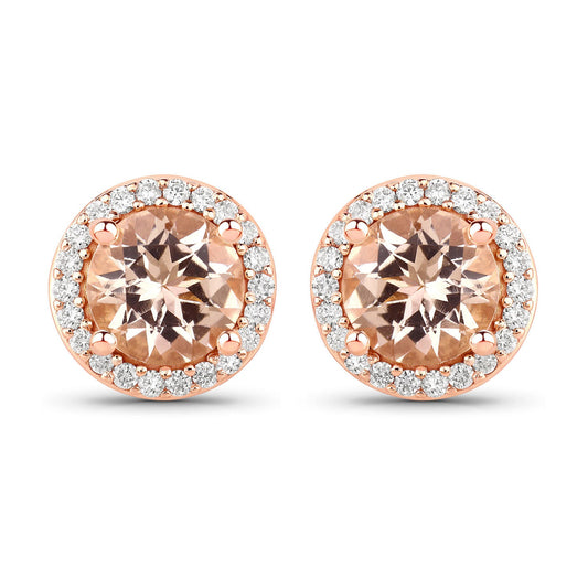 1.60 Carat Genuine Morganite and White Diamond 14K Rose Gold Earrings