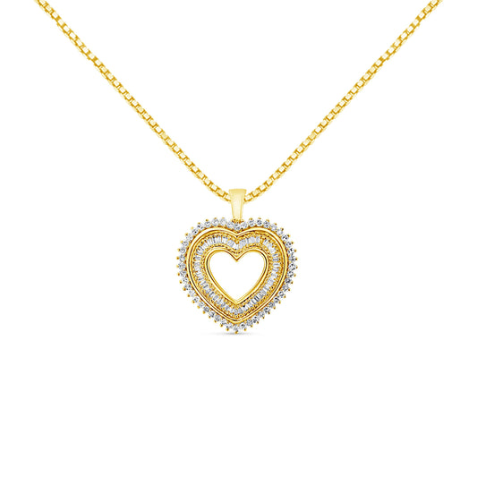 Collier avec pendentif cœur en or jaune 14 carats plaqué argent sterling 925 avec diamants ronds et baguettes de 1,0 carat (couleur I-J, pureté I1-I2) sur chaîne de 45 cm