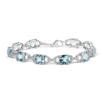 .925 Sterling Silver 7x7 mm Cushion Cut Blue Topaz and 1/20 cttw Round Cut Diamond Fashion Tennis Bracelet (I-J Color, I1-I2 Clarity) - 7"