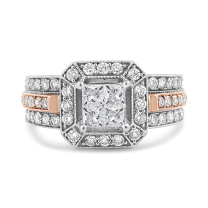 14K White and Rose Gold 1 1/8 Cttw Princess and Round-Cut Diamond Art Deco Style Triple Shank Halo Cocktail Ring (I-J Color, SI2-I1 Clarity) - Size 7