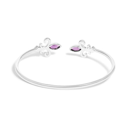 .925 Sterling Silver 8X4MM Marquise Purple Amethyst and Diamond Accent Fleur Di Lis Open Cuff Bangle (I-J Color, I1-I2 Clarity) - 7"