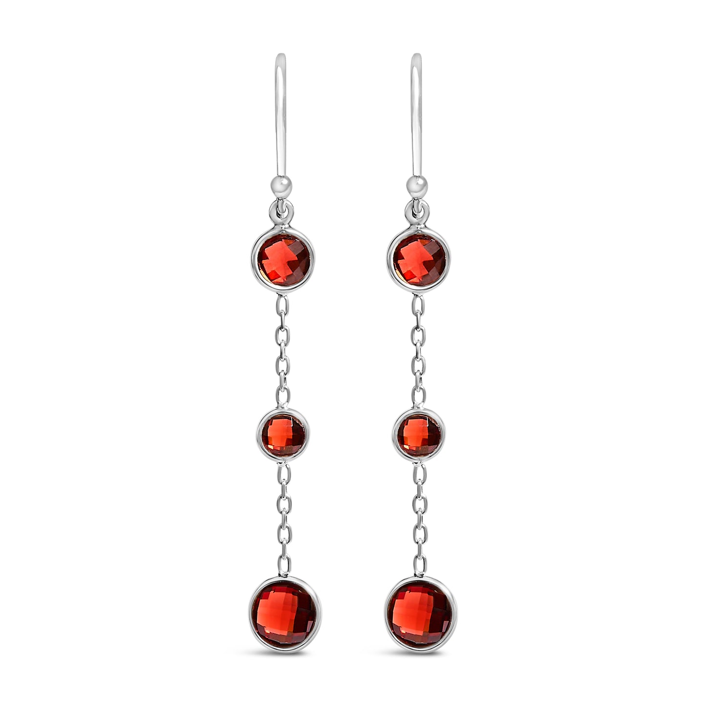 .925 Sterling Silver Graduating Bezel Set Red Garnet Dangle Earring